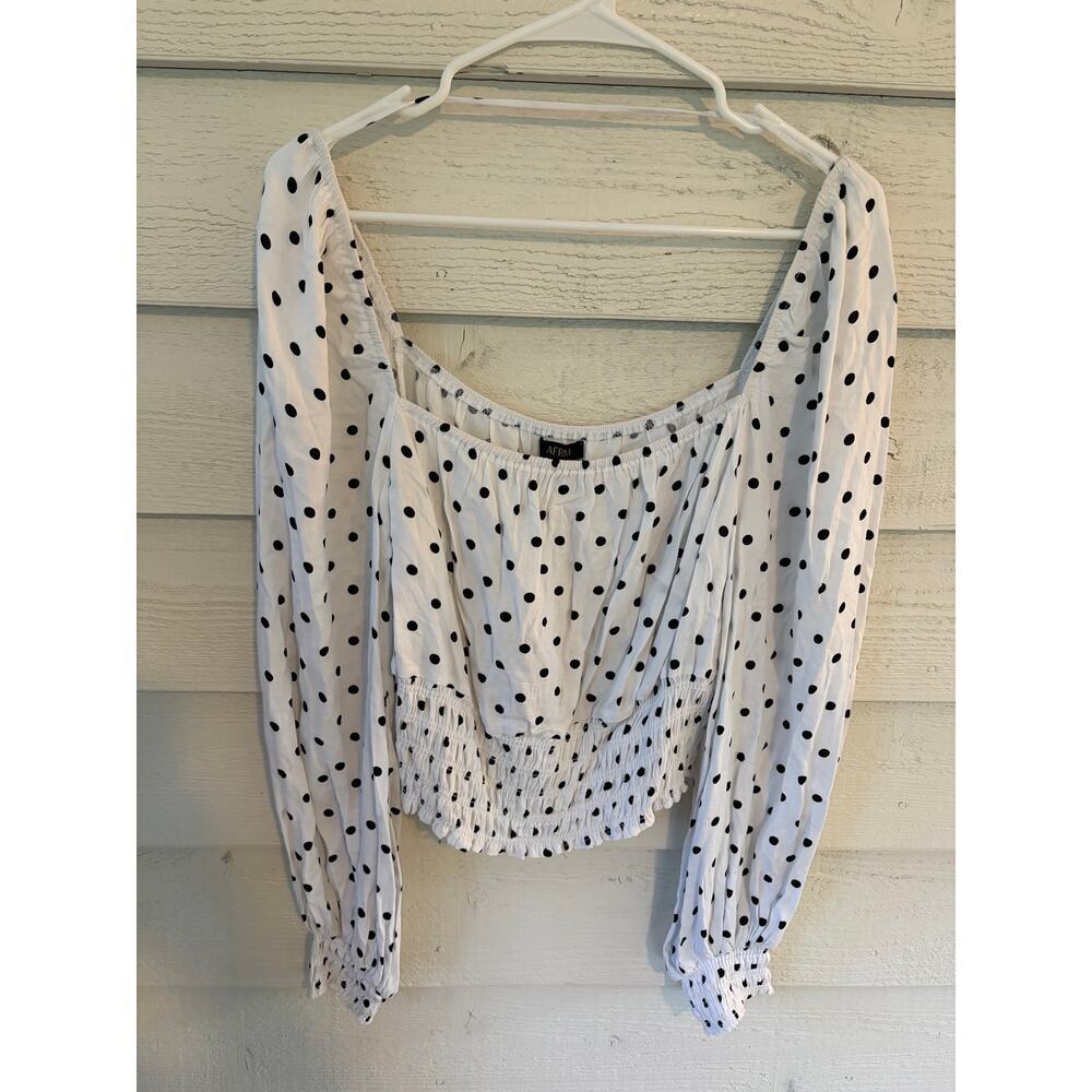 AFRM White & Black Polka Dot Smocked Crop Top Long Sleeve Blouse Large - Picture 2 of 8